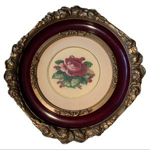 Vintage Victorian Gold Gilded Oval Red Rose Needlepoint Petit Point Framed Art